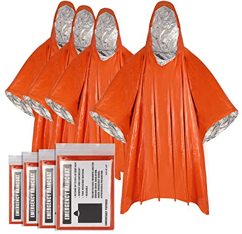 LAMA Notfall Regenponcho Rettung Poncho(4 Stück),Biwaksack Erste Hilfe Regenjacke,Ultraleicht Wasserdicht Notfalldecke, Wärmerückhaltung reflektierende Überlebensausrüstung für Wandern Camping, Orange