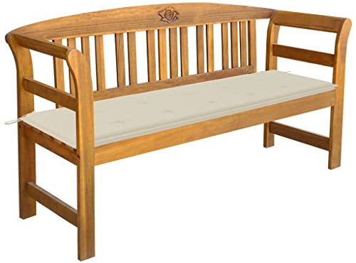 Gartenbank Friesenbank, Parkbank, Gartenbank mit Auflage 157 cm Massivholz Akazie Deko Blumenbank Ideal für Garten und Stadt Creme