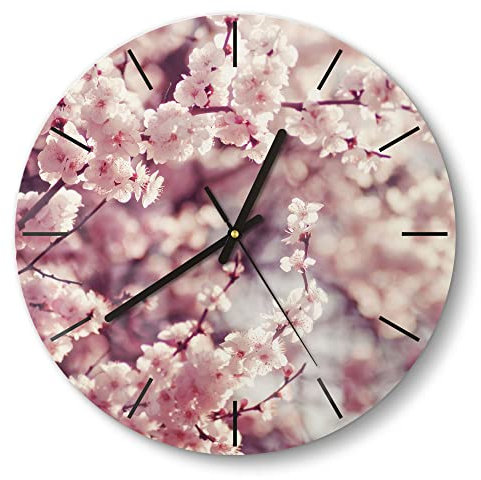 DEQORI Glasuhr | rund Ø 30 cm | Motiv Kirschblütenzweige | ausgefallene leise Design Uhr aus Glas | Wanduhr für Wohnzimmer & Küche | moderne Hingucker Uhr für die Wand