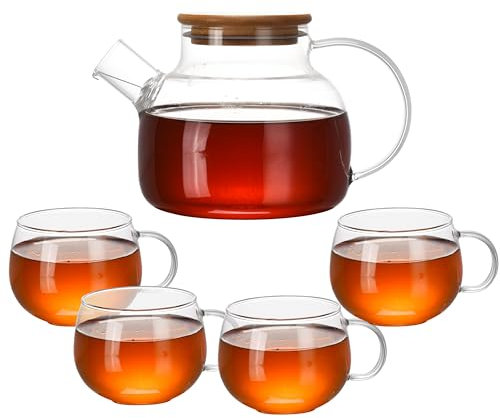 Whole Housewares Elegantes Glass Kettle Teesets aus hitzebeständigem Glas (-20°C bis 150°C) - Teekannen-Sets für 1 Liter und 4 Kristallbecher, mit herausnehmbarem Siebeinsatz für Saft, Te und Kaffee