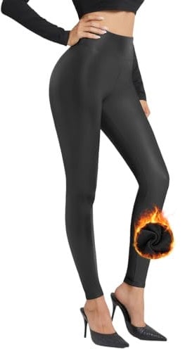 Zhiaek Sexy PU Leder Leggings Damen High Waist Matt Kunstlederhose Damen Schwarz Stretch Fleece Gefüttert Lederhose Strumpfhosen Leggins Stretchhose