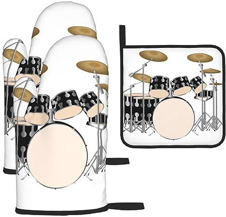 Jazz Drum Ofenhandschuhe und Topflappen, Set mit 3 hitzebeständigen, rutschfesten Ofenhandschuhen und heißen Pads zum Kochen, Backen, Grillen, Grillen, Geschenke