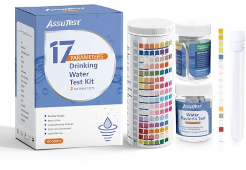 AssuTest Drinking Water Test Kit 17-in-1 - Comprehensive Water Quality Assessment for Homeowners - Easy and Reliable Testing for Lead, Iron, pH & More - 100 Strips + 2 Bacteria Tests Included