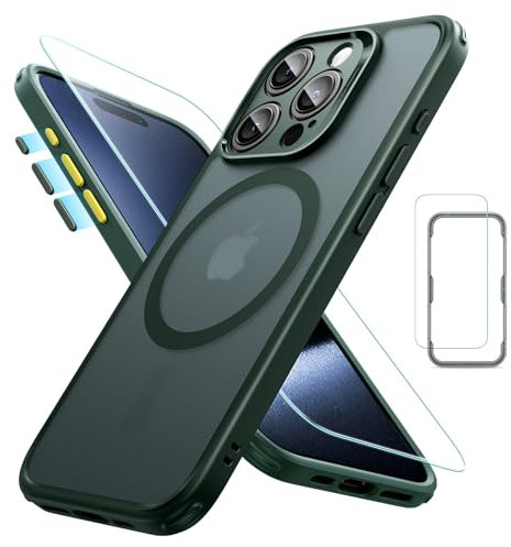 ESR für iPhone 15 Pro Max Hülle Set (5 in 1), durchscheinende Matte Hülle mit Displayschutzfolie und Kameraschutz, kompatibel mit MagSafe, Militärnorm Schutz, Classic Serie, Mattiertes Grün