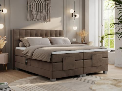 MKS MEBLE Boxspringbett 200x200 elektrisch verstellbar 7-Zonen Taschenfederkern Matratze inkl Visco Topper Bett 200x200 mit Motor Polsterbett Motorbett - Elektro - Braun Velvet - H4