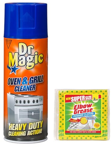 Dr Magic Oven and Grill Cleaner Spray (1X 390 ml)- Effortlessly and Effectively Remove All Stubborn Food Residues and Grease from Oven and Grill - with 1 Pack Elbow Grease Power Cloth