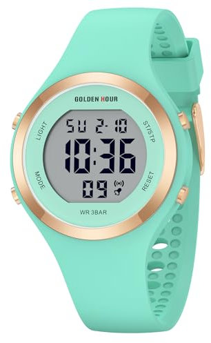 GOLDEN HOUR Montre de sport étanche pour femme avec chronographe numérique et bracelet en silicone, vert menthe, Moderne