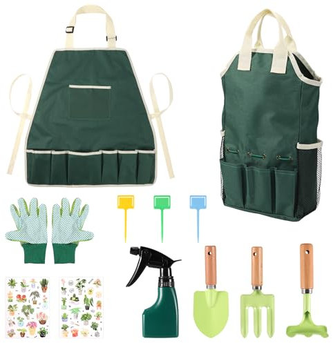 lasuroa 12pcs Gardening Tools Set, Kids Gardening Kit with Fork, Shovel, Rake, Bag, Bottle, Glove, Apron and Watering Can, Toddlers Garden Tools for Children Summer Beach Toys for Boys Girls (Green)