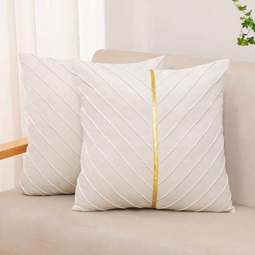 XIEJINJIA 2er Set Samt Kissenbezug mit Gold Leder Kissenhülle Sofakissen Dekorative Dekokissen Zierkissenbezüge für Couch Schlafsofa Wohnzimmer Schlafzimmer 45 x 45 cm Cremeweiß