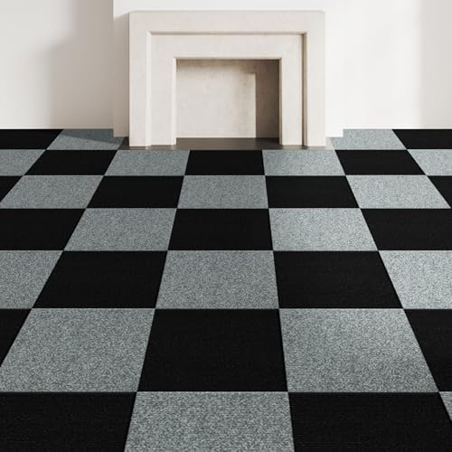 CUCOS 20 Pack Peel and Stick Carpet Tiles – 30 x 30cm Soft Self-Adhesive Floor Tiles, 10 Black & 10 Light Grey – Padded Flooring for Bedroom, Living Room, Office – Covers 20 sq ft