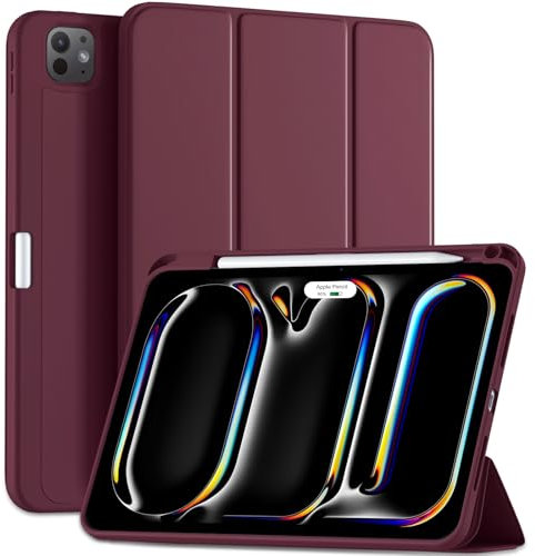 Maledan Coque pour iPad Pro 11 Pouces 2024 (M4 5ème Génération) avec Porte-Stylet, Housse iPad Pro Case Protective TPU Souple Supporte Apple Pencil Pro/USB-C, Réveil/Veille Automatique, Rouge Vin