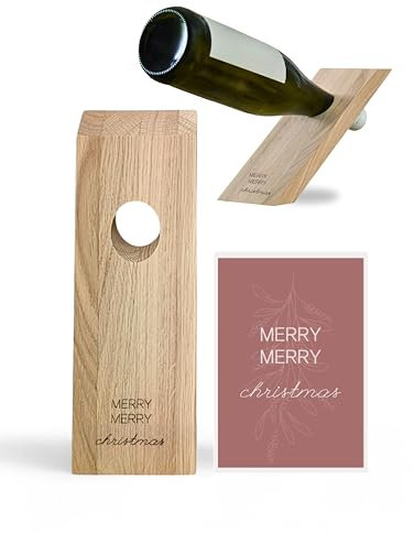 Livlig53 LIVLIG Weinflaschenhalter aus Holz, Magischer Flaschenhalter mit personalisiertem Flaschenetikett, Geschenkidee, Spruch: Merry Merry Christmas