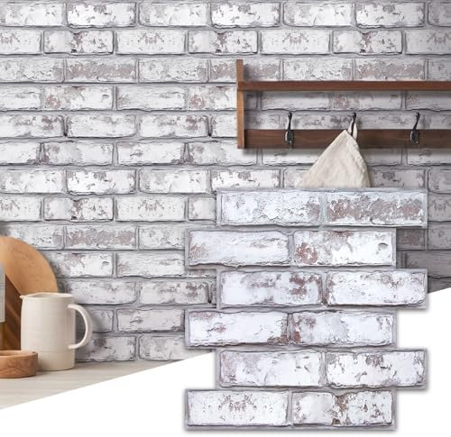 Commomy 10 pcs Faux Brick Wall Panels, Brick Stick on Tiles - 11.8x 11.8 PVC Brick Wallpaper Self Adhesive Wall Tiles for Kitchen,Bathroom,Bedroom,Living Room,RV,Fireplace