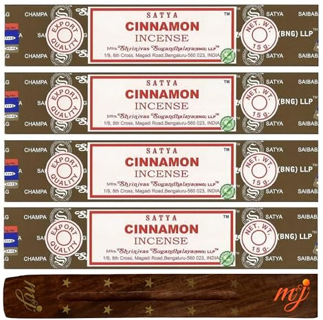 Original Satya Nag Champa Cinnamon Incense Sticks | with M&J incense sticks holder | x4 pack | for Aromatherapy, Spa, Yoga, Weddings, Meditation, Healing, Positivity and Relaxation