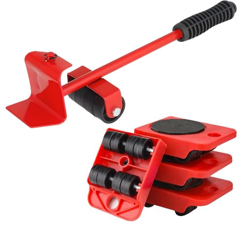Huakaile Heavy Duty Furniture Lift Mover Tool Set, 1322 Lbs Load Capacity Furniture Lifter with Wheels Pallet, Adjustable Appliance Rollers Dolly for Table Refrigerator Floors Cabinet (Red)