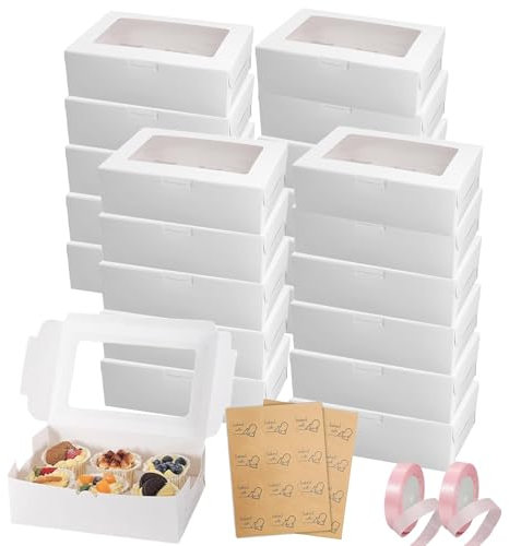 DYUEE 24 Packs White Cupcake Boxes 6 Holes, White Bakery Boxes with Window Cake Boxes, with Stickers and Pink Ribbons, for Home Baking, Party, Wedding, Christmas, halloween, Cake Shop(24x16.5x7.5cm)