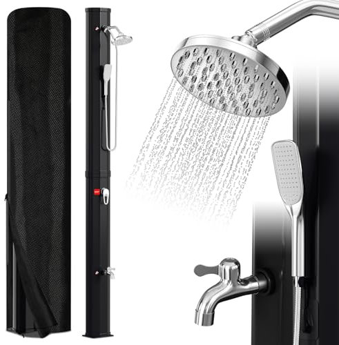 Eulenke Solardusche 40L Solar Gartendusche mit 360°Regenduschkopf, Wasserhahn und handbrause, Warmes Wasser Max. 60℃, ohne Stromanschluss, Pooldusche mit Schutzhaube-Ablassschraube, Schwarz