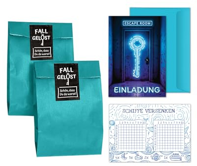 10 Einladungskarten Kindergeburtstag Escape Room Party Jungen Mädchen Einladungen Kinder Geburtstag Detektiv Geburtstagseinladungen inkl. 10 Umschläge, 10 Tüten / petrol, 10 Aufkleber, 10 Blöcke