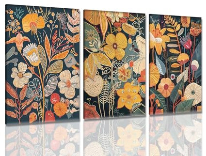 Dytila Lot de 3 peintures murales florales oranges encadrées, images de plantes colorées, impressions sur toile botanique vintage, peintures abstraites de fleurs bohèmes, œuvre d'art naturelle pour