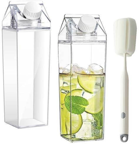 2 Stück Milchkarton Wasserflasche, 1000 ml Transparentem Milchkarton, Hohe Kapazität Klare Wasserflasche, Wiederverwendbar Quadratische Milchflasche, Saftbehälterflasche mit Pinsel, für Camping