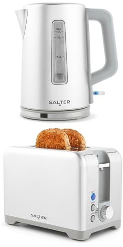 Salter Aspen 1.7 L Kettle & 2-Slice Toaster – Wide Slots, 7 Browning Levels, Rapid Boil, Easy View Water Window, Removable Crumb Tray, Defrost/Reheat/Cancel Functions, Thick Bread, Metallic Finish