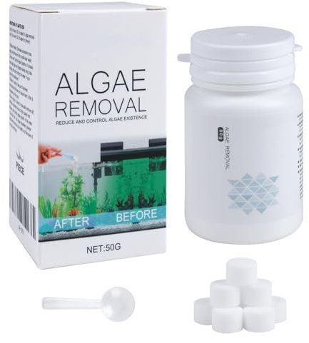Fish Tank Algae Remover Natural Aquarium Algae Treatment, 50g Algaecide Tablets with Spoon, Safe for Fish, Plants & Aquatic Ecosystems, Clears Green Water & Moss for Healthy Aquarium Environment