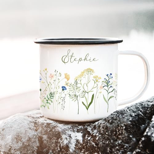Wandtattoo Loft Wildblumen Emaille-Tasse personalisiert mit Wunschnamen, schwarz – Camping Tasse 330ml, Emaille Becher, Namens-Tasse mit Blumen Design, individuelle Campingtasse mit Wunschname