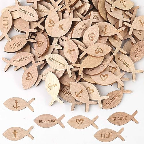 HERZWILD 100 Stücke Tischdeko Konfirmation Kommunion Taufe, Holzfische Deko Kommunion Konfirmation Taufe, Streudeko Fische Konfetti Holz für Junge Mädchen Firmung Deko (B)
