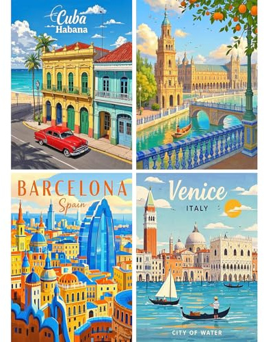 SHEGZHUC 4 Pack Diamond Painting Erwachsene Stadt Poster, 30x40cm Diamant Malerei Bilder Kuba Barcelona Venedig Italien, Mosaik Stickerei Kreuzstich Kunst Geschenk Wanddekoration für Schlafzimmer