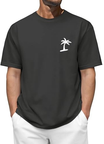Muwodkdn T-Shirt Homme Oversized en Coton 100% - Manches Courtes Décontracté avec Imprimé Palmier Tropical - Haut Basique Respirant pour Look Été 2025 Gris XL