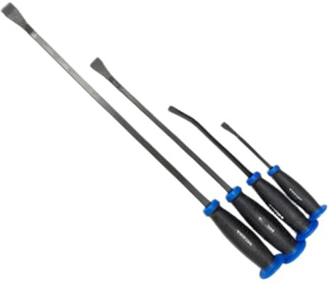 Dunnet Tools 4pc Pry Bar Set Heavy Duty Carbon Steel Angled Tip Prybar Set with Hammer Strike Caps Guard Handles Rustproof Black Oxide Finish Pry Tool Automotive Demolition Mechanic Tools Crowbar Set