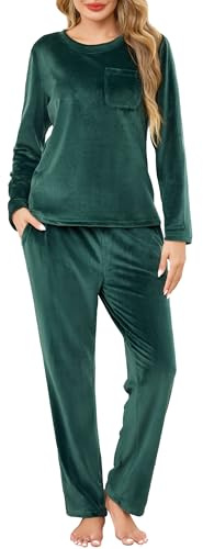 Lovasy Pigiama Donna in Pile Morbido Set Pigiama Invernale Caldo e Soffice Scollo Rotondo Pigiami Due Pezzi Maniche Lunghe con Tasche,A-Verde Scuro,M