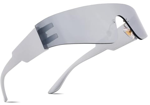 Futuristic - Occhiali da sole con visiera senza montatura monopezzo per uomo e donna, tonalità specchiate, viola, argento