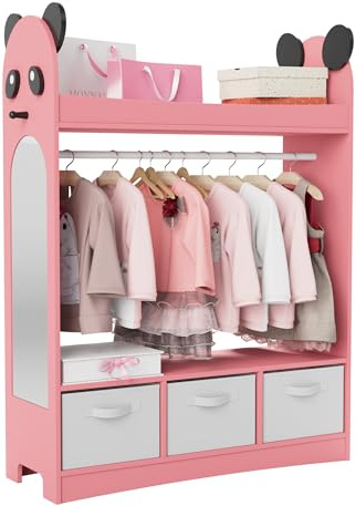 NACHES Kinder Kleiderschrank Kinderkleiderständer mit Boxen, Kleiderstange, Spiegel und Ablagen, Kindergarderobe aus Holz, Kinderregal 81 x 28 x 106,5 cm (Rosa, Panda mit 3 Schubladen)