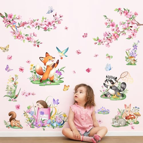 Supzone Wandtattoo Waldtiere Kirschblüte Rosa Blumen Groß Wandsticker Fuchs Hirsche Hase Baum Wandaufkleber Kinderzimmer Mädchen Babyzimmer Schlafzimmer Wanddeko