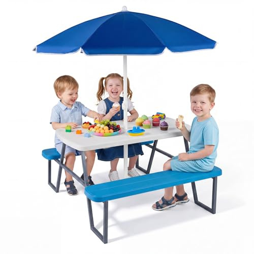 COSTWAY Kindersitzgruppe Outdoor aus HDPE, Picknicktisch Kinder mit höhenverstellbarem Sonnenschirm, 2 Bänken & Schirmtasche, Kindersitzgarnitur, Kinder Gartenmöbel für Drinnen & Draußen