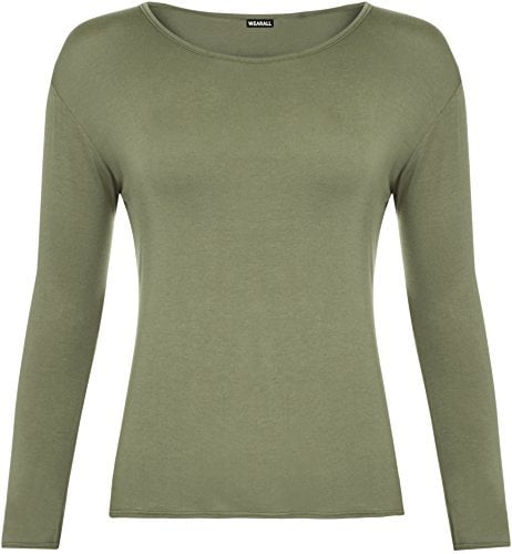 WearAll Ladies Long Sleeve T-Shirt Top Womens Khaki M-L