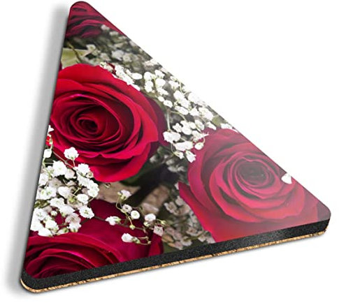1 x Triangle Coaster - Red Roses Bouquet Wedding Valentine Cork Backed MDF Glossy Tea Coffee Accessory #16722