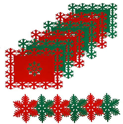 Weihnachten Platzsets Set, 12-teiliges Tischset und Untersetzer-Set, Winter Urlaub Weihnachtsdeko, 6 Tischsets Platzsets mit 6 Untersetzern,Waschbar Platzdeckchen Küche Party Deko(Grün+Rot)