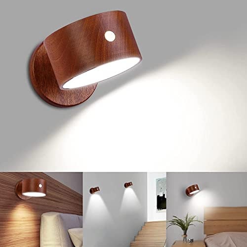 LED Wandleuchte Innen, Holz Akku Wandlampe mit USB-Ladeanschluss, Dimmbar Touch Control 3 Helligkeitsstufen, 360° Drehbare, LED Lampe USB Aufladbar, Magnetische Lampe Deko Wandbeleuchtung Kabellose