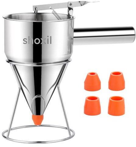 Shoxil 20oz Pancake Batter Dispenser, Multi-caliber Stainless Steel Funnel Cake Dispenser with Stand Great for Pancakes, Cupcakes or Any Baked Goods(20oz/600ML)