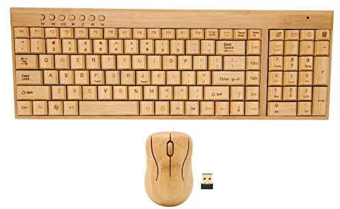 Annadue Combo Tastiera e Mouse Wireless, Mouse Compatto Wireless da 2,4 GHz, 7 Tasti Multimediali, Layout QWERTY UK, Set Tastiera e Mouse Wireless in Legno di bambù per PC, (Combinazione