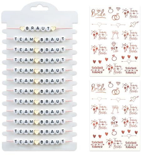 JGA Armbänder Frauen, JGA Deko Bride,12 pcs Team Braut Armbänder und 2 pcs Roségold Aufkleber Tattoos, für Junggesellenabschied, Dating, Hochzeit, Begleitgeschenk