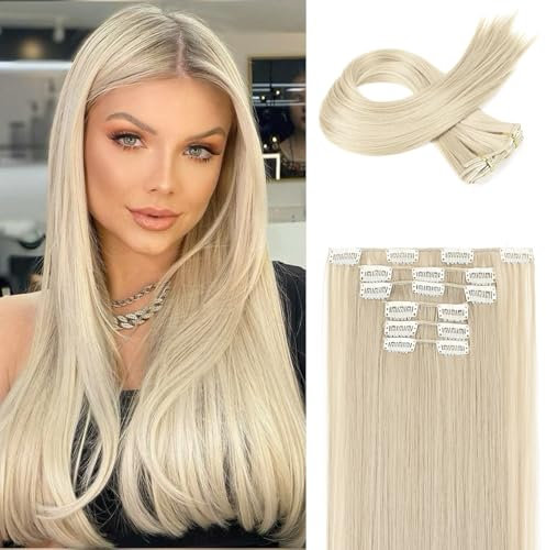FLUFYMOOZ 6PC Clip in Hair Extensions, 6-teiliges Clip-in-Haarverlängerungsset, 61 cm, glatt, lang, Extensions für Frauen, synthetisches Haarteil (Platinblond)