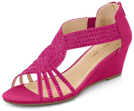 PIZZ ANNU Womens Sandals Mid Wedge Heel Sparkly Glitter Shoes for Ladies Strappy Rhinestones Bridal Wedding Prom Party Fuchsia Size 3