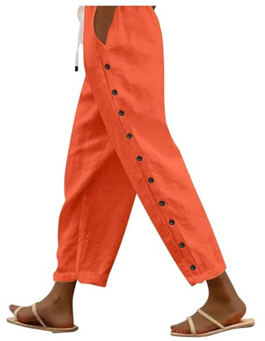 Jogpants Damen,Leinenhose Damen Sommer,Leinenhosen Damen Sommer 2024 Gestreift Lässig Elastisch Hohe Taille Gerades Bein Locker Boho Trendy Hose mit Taschen,Safran,L