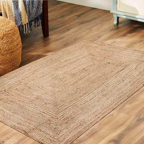 Craft Trade Natural Lavable Bohemia Yute Alfombra Reversible Trenzado Tejido a Mano Alfombra de Trapo Rectangular para Cocina Sala de Estar y Dormitorio - 90x150 cm