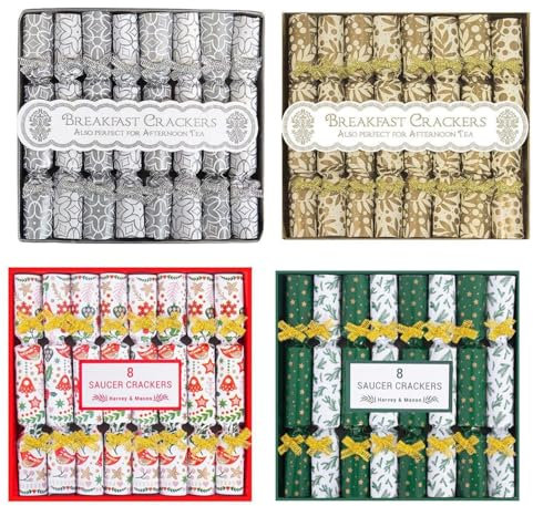 YöL Pack of 32 Mini Saucer Christmas Crackers Afternoon Tea Breakfast Xmas Table Deco Green Gold Silver