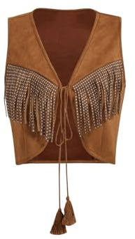 GORGLITTER Weste Damen Kurz Leicht Ärmellose Weste Boho Weste Western Jacke Mit Fransen Weste Jacke 70er Jahre Outfit Crop Weste