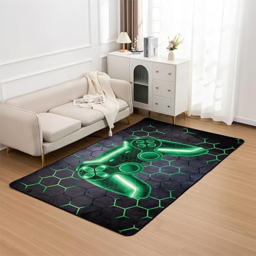 PEIHUODAN Gaming Video Game Area Rugs for Boys Teens, Modern Cool Tech Style Gaming Room Home Decoration Mat Gamer Controller Gamepad, Non-Slip Children Gaming Carpet (Green,50x80cm)